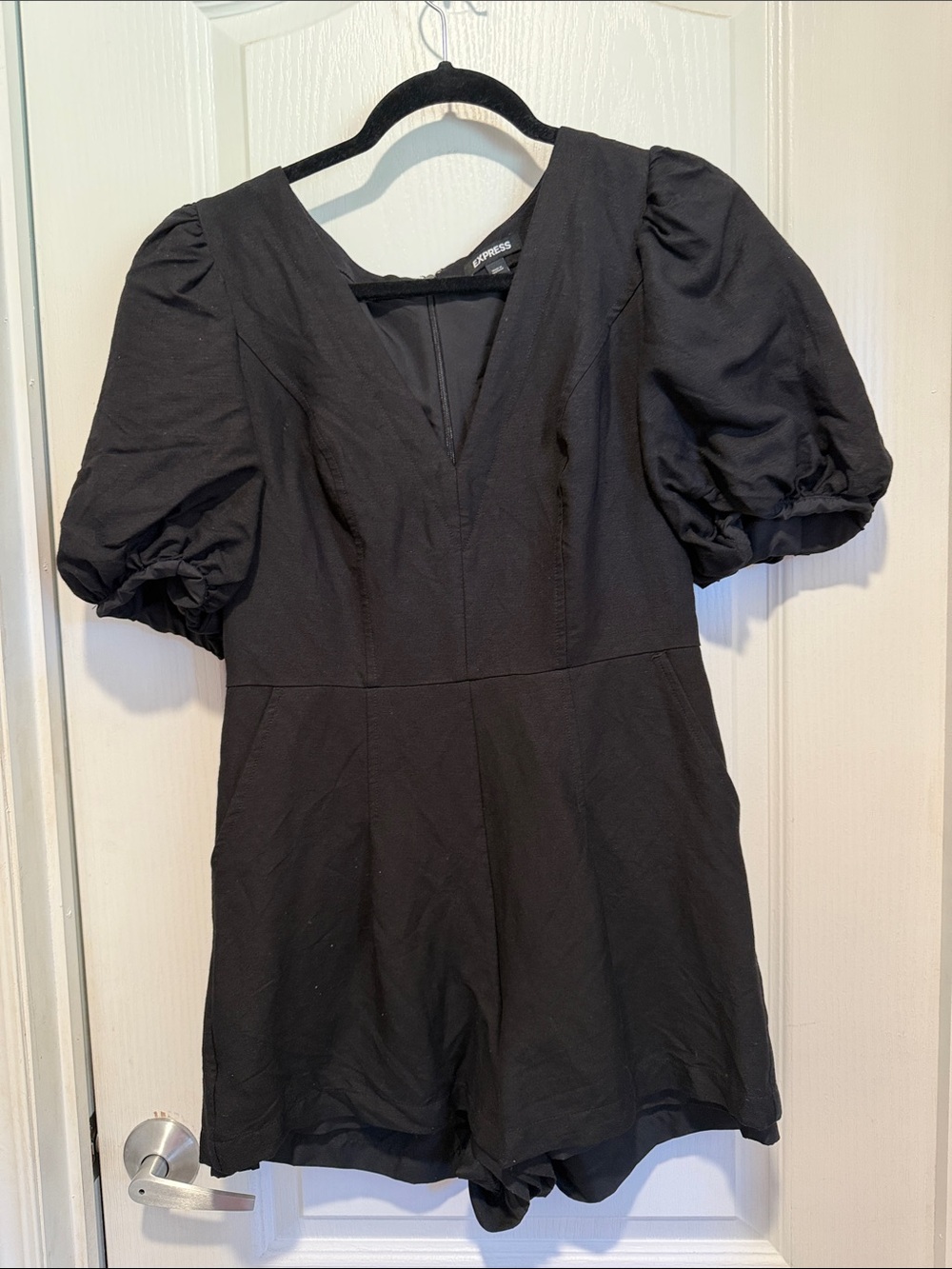 Express Black Linen V-Neck Puff-Sleeve Romper